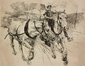 Caballos de refuerzo de carruaje, grabado del dibujo original de Giovanni Boldini, de su pintura, de L