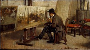 El pintor Giovanni Fattori en su taller. Pintura atribuida a Giovanni Boldini (1842-1931) 1863-1869