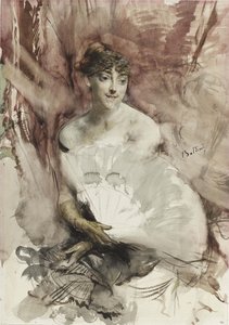 Mujer con abanico sentada en un palco de teatro Condesa de Rasti, ca 1878 de Giovanni Boldini