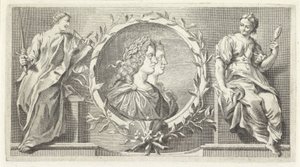 Cartouche con hombre y mujer laureados