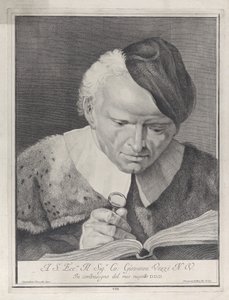 Hombre con sombrero leyendo un libro con una lupa, 1743 de Giovanni Cattini