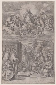 Eclesiásticos en un paisaje escribiendo, otros en el reino celestial arriba de Giovanni Cesare Testa