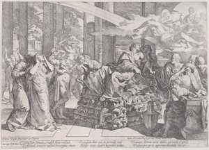 El suicidio de Dido que yace en una pira en el centro, rodeada de muchas figuras, 1650-55 de Giovanni Cesare Testa