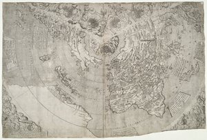 Mapamundi, Mundu [sic] spericum... conocerás la diligencia de John Matthew Contareni.., por Contarini, Giovanni y Francesco Rosselli