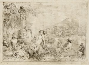 Paisaje con una familia de sátiros y escultura clásica de Giovanni David after Giovanni Benedetto Castiglione