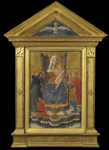 Virgen y Niño en el trono, con los santos Antonio Abad y Julián y un donante (pedimento arriba - Espíritu Santo), c.1430 de Giovanni Di Ser Giovanni Lo Sheggia (attr. to) Guidi