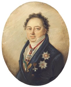 Conde Dmitry Pavlovich Tatishchev, mirando a la izquierda con abrigo azul, chaleco blanco y corbata de Giovanni Domenico Bossi