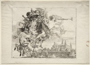 Huida a Egipto: Dedicación con figura alada de la Fama portando los brazos del Príncipe-Obispo de Wurzburgo de Giovanni Domenico Tiepolo
