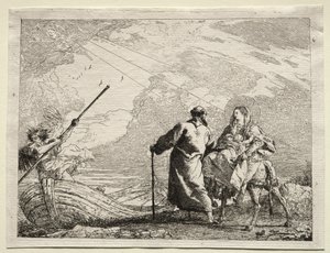 Huida a Egipto: La Sagrada Familia llegando a la orilla del río de Giovanni Domenico Tiepolo
