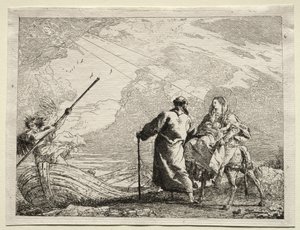 Huida a Egipto: La Sagrada Familia llegando a la orilla del río de Giovanni Domenico Tiepolo