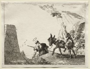 Huida a Egipto: La Sagrada Familia pasando cerca de una pirámide de Giovanni Domenico Tiepolo
