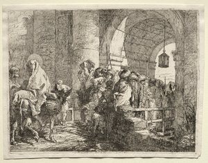 Huida a Egipto: La Sagrada Familia pasando bajo un arco