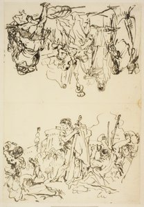 Hoja doblada con "El martirio de San Esteban y Agripina desembarcando en Brindisi con las cenizas de Germánico" de Giovanni Domenico Tiepolo