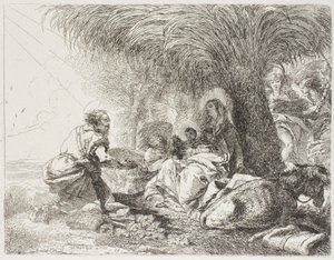 José Adorando al Niño Mientras Dos Ángeles Cantan, lámina diecinueve de La Huida a Egipto de Giovanni Domenico Tiepolo