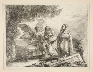 José con Jesús en brazos, de la serie Idee pittoresche sopra la fuga en Egitto (Huida a Egipto) de Giovanni Domenico Tiepolo
