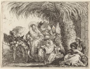 José arrodillado con el niño ante María en el burro de Giovanni Domenico Tiepolo