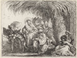 José arrodillado con el niño ante María en el burro de Giovanni Domenico Tiepolo