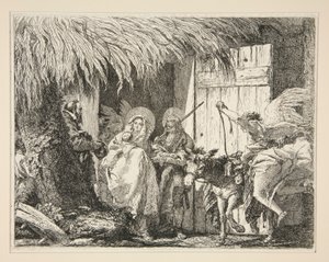 José y María frente a una casa, de la serie Idee pittoresche sopra la fuga en Egitto (Huida a Egipto) de Giovanni Domenico Tiepolo