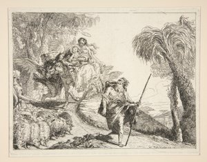 José con la Virgen y el Niño, de la serie Idee pittoresche sopra la fuga en Egitto (Huida a Egipto) de Giovanni Domenico Tiepolo