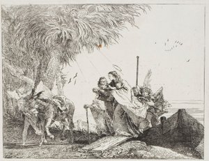 María, Ayudada por José y un Ángel, Saliendo del Barco, lámina dieciocho de La Huida a Egipto de Giovanni Domenico Tiepolo