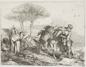 María, ayudada por dos ángeles, sigue a José con el burro, lámina 25 de La huida a Egipto de Giovanni Domenico Tiepolo