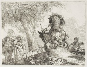 María, ayudada por un ángel, y José llevando la cesta, pasando un rebaño, placa 24 de La huida a Egipto