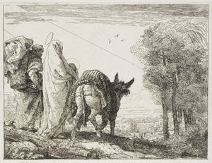 María sosteniendo al niño en sus brazos y José con la cesta, lámina diez de La huida a Egipto