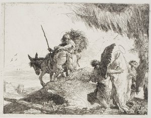 María, apoyada por dos ángeles, sigue a José, lámina 26 de La huida a Egipto