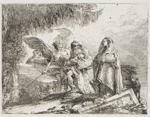 María y José, sosteniendo al niño, son escoltados por un ángel, lámina doce de La huida a Egipto de Giovanni Domenico Tiepolo