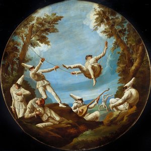 Punchinellos en columpios, haciendo música y acrobacias en un paisaje de Giovanni Domenico Tiepolo