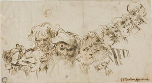 Bocetos de cabezas masculinas (anverso); Reina y paje (reverso)