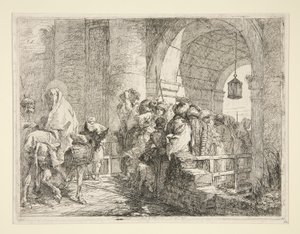 La llegada de la Sagrada Familia a la puerta de una ciudad, de la serie Idee pittoresche sopra la fuga en Egitto (Huida a Egipto) de Giovanni Domenico Tiepolo
