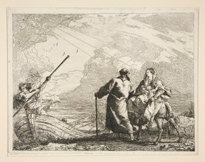 La Sagrada Familia llega a la orilla de un río, de la serie Idee pittoresche sopra la fuga en Egitto (Huida a Egipto) de Giovanni Domenico Tiepolo