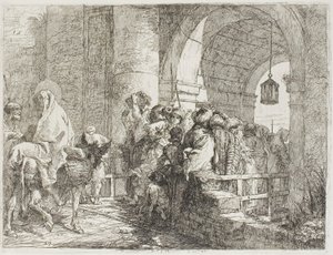 La Sagrada Familia llegando a la puerta de una ciudad, lámina 27 de La huida a Egipto de Giovanni Domenico Tiepolo