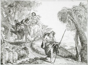 La Sagrada Familia desciende por un sendero forestal, cerca de un rebaño y algunos pastores de Giovanni Domenico Tiepolo