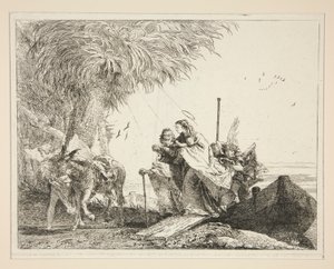 La Sagrada Familia desembarcando, de la serie Ideas pintorescas sobre la huida a Egipto de Giovanni Domenico Tiepolo