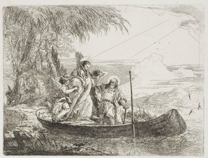 La Sagrada Familia entrando en el bote con la ayuda de los ángeles, lámina dieciséis de La huida a Egipto de Giovanni Domenico Tiepolo