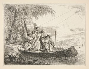 La Sagrada Familia entra en un barco, de la serie Idee pittoresche sopra la fuga en Egitto (Huida a Egipto) de Giovanni Domenico Tiepolo
