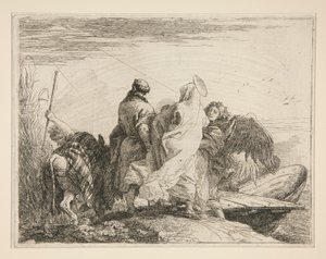 La Sagrada Familia saliendo de la orilla del río, de la serie Idee pittoresche sopra la fuga en Egitto (Huida a Egipto) de Giovanni Domenico Tiepolo