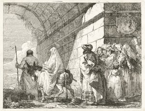 La Sagrada Familia pasa bajo un arco de la ciudad de Giovanni Domenico Tiepolo