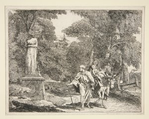 La Sagrada Familia pasando cerca de una estatua, de la serie Idee pittoresche sopra la fuga en Egitto (Huida a Egipto) de Giovanni Domenico Tiepolo