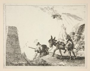 La Sagrada Familia pasando una pirámide, de la serie Idee pittoresche sopra la fuga en Egitto (Huida a Egipto) de Giovanni Domenico Tiepolo