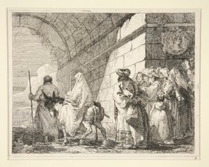 La Sagrada Familia pasando bajo un arco, saliendo por una puerta de la ciudad, de la serie Idee pittoresche sopra la fuga en Egitto (Huida a Egipto) de Giovanni Domenico Tiepolo