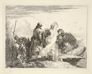 La Sagrada Familia junto a un río, de la serie Idee pittoresche sulla fuga en Egitto (Huida a Egipto) de Giovanni Domenico Tiepolo