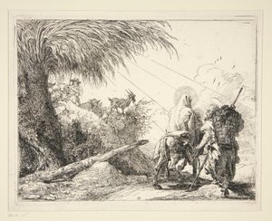La Sagrada Familia en un camino pedregoso, de la serie Idee pittoresche sulla fuga en Egitto (Huida a Egipto) de Giovanni Domenico Tiepolo