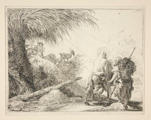 La Virgen, montada en el burro y vista de espaldas, de la serie Idee pittoresche sopra la fuga en Egitto (Huida a Egipto) de Giovanni Domenico Tiepolo