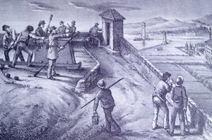 Defensa de Livorno desde el Fuerte San Pietro, grabado de Giovanni Fattori