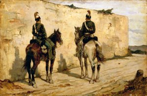 Italia, Biella, pintura de Jinetes de Caballería Ligera