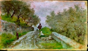 Camino a los Olivos con caminantes. Pintura de Giovanni Fattori (1825-1908) de Giovanni Fattori