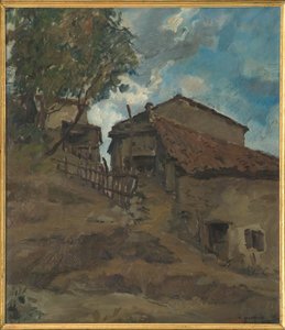 Granja tradicional de montaña (óleo sobre madera contrachapada) de Giovanni Forghieri